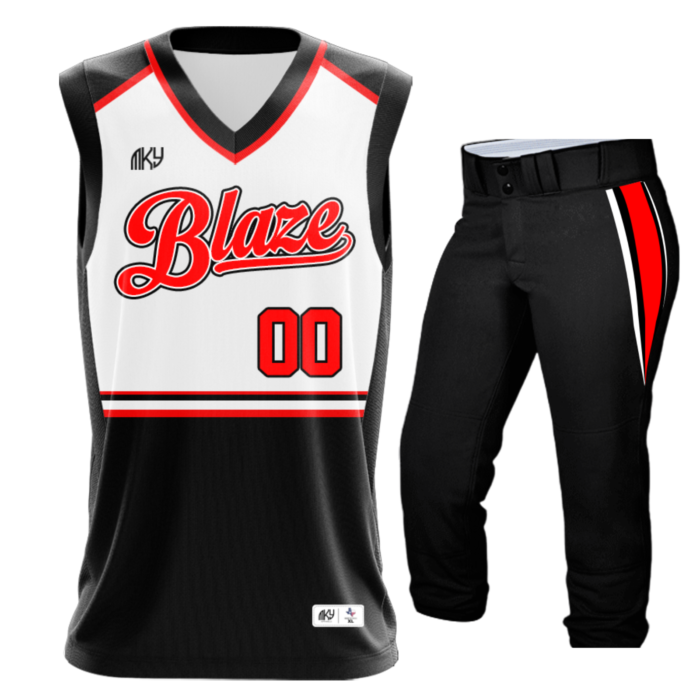 Blaze softball uniform set with sleeveless jersey and black pants by MKY Apparels