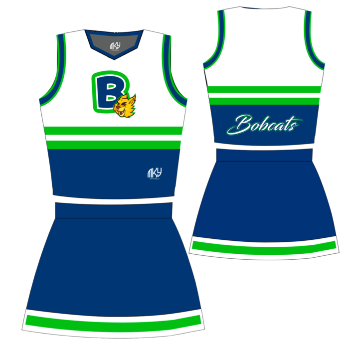 Bobcats blue and green custom full cheer uniform by MKY Apparels
