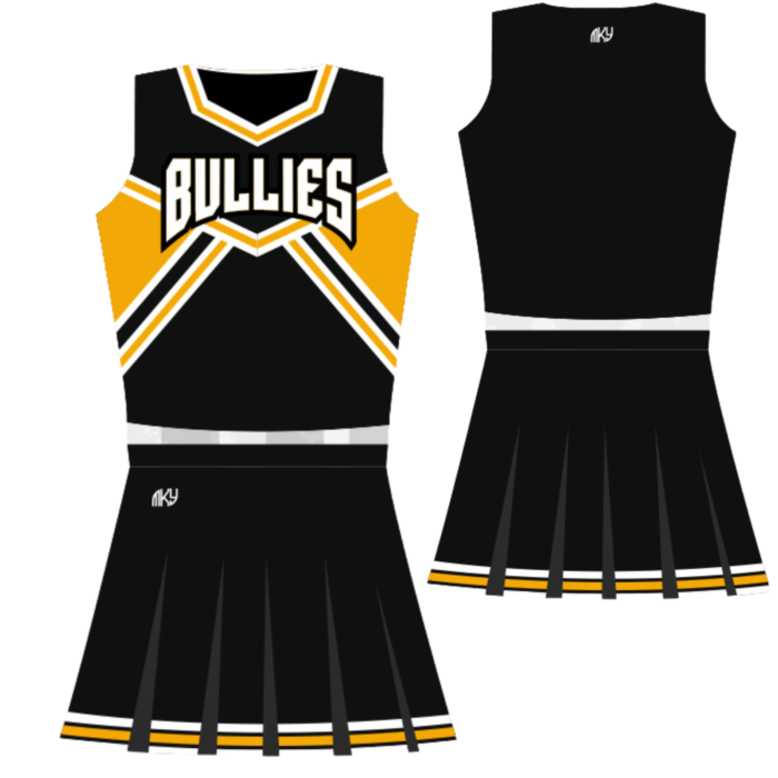 Bullies black custom pleated cheer uniform with gold accents by MKY Apparels