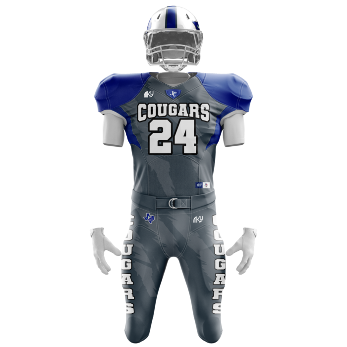 Custom Cougars tackle football uniform in blue gray and white with personalized sublimated football design