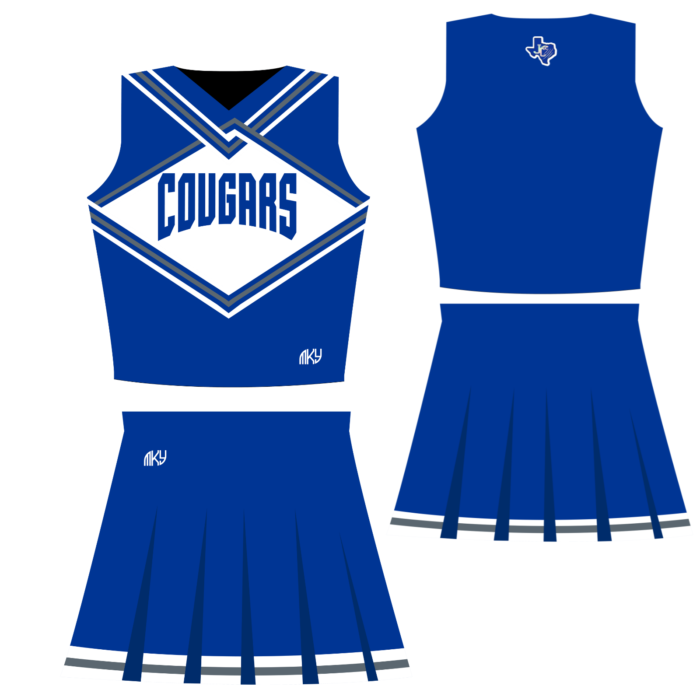 Cougars blue custom pleated cheer uniform by MKY Apparels