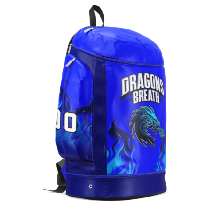 Blue custom basketball backpack with Dragons Breath graphic design by MKY Apparels
