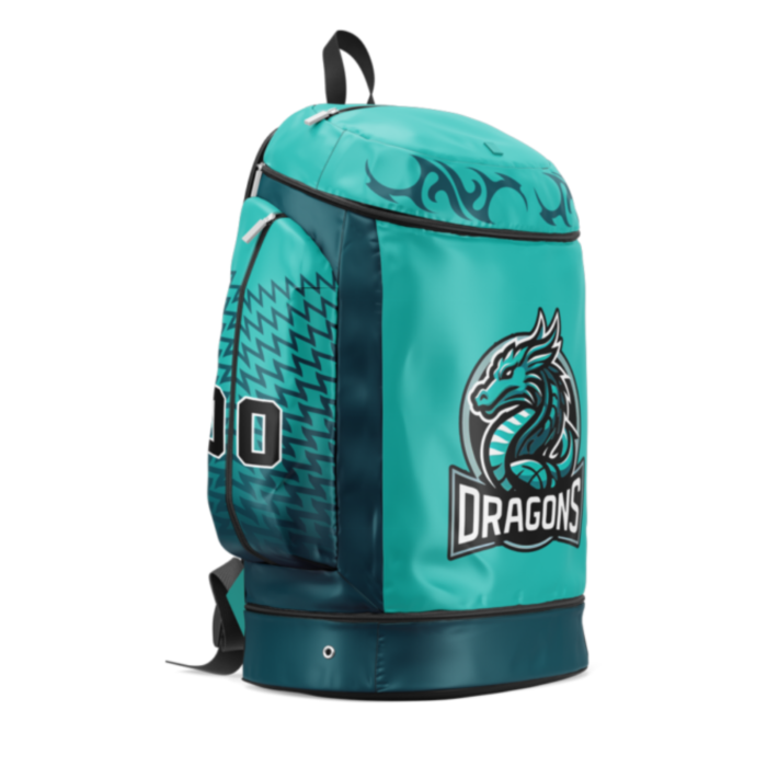 Teal custom basketball backpack with dragon mascot artwork by MKY Apparels