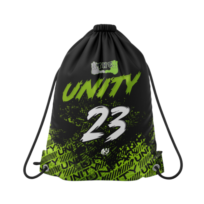 Black and neon green custom drawstring sports bag with Unity graphic design by MKY Apparels