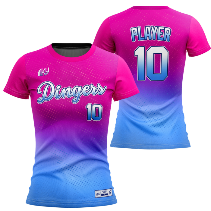 Dingers pink and blue crew neck softball jersey with gradient design by MKY Apparels