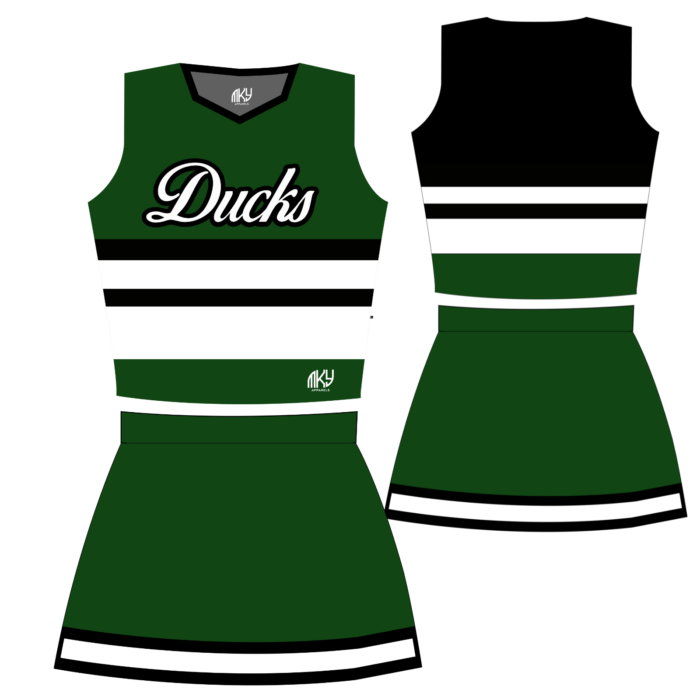 Ducks green custom full cheer uniform with black and white stripes by MKY Apparels