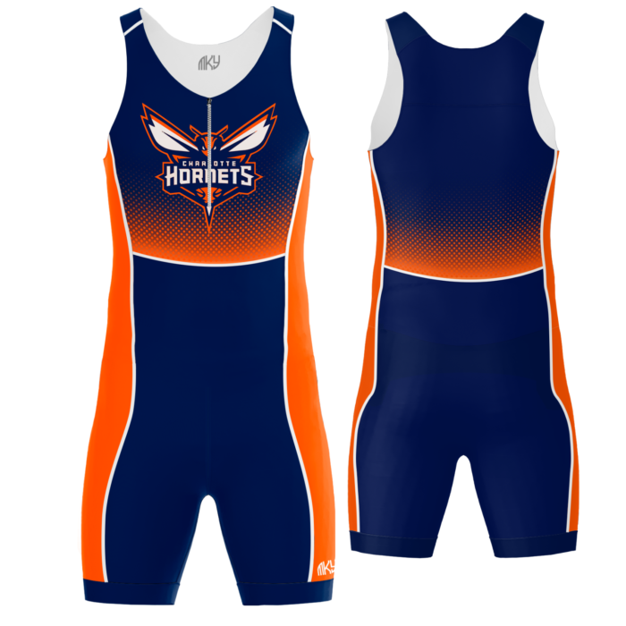 Hornets blue and orange custom track and field speedsuit by MKY Apparels