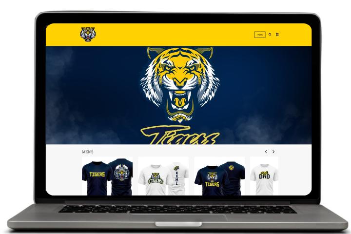 Online team store preview displayed on laptop featuring custom team apparel and fan gear by MKY Apparels