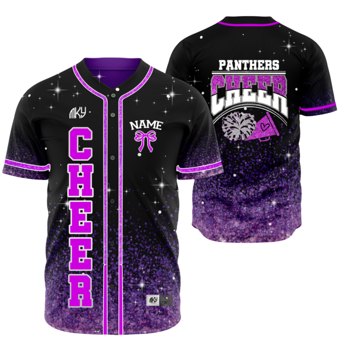 Panthers custom glitter cheer baseball jersey in black and purple by MKY Apparels