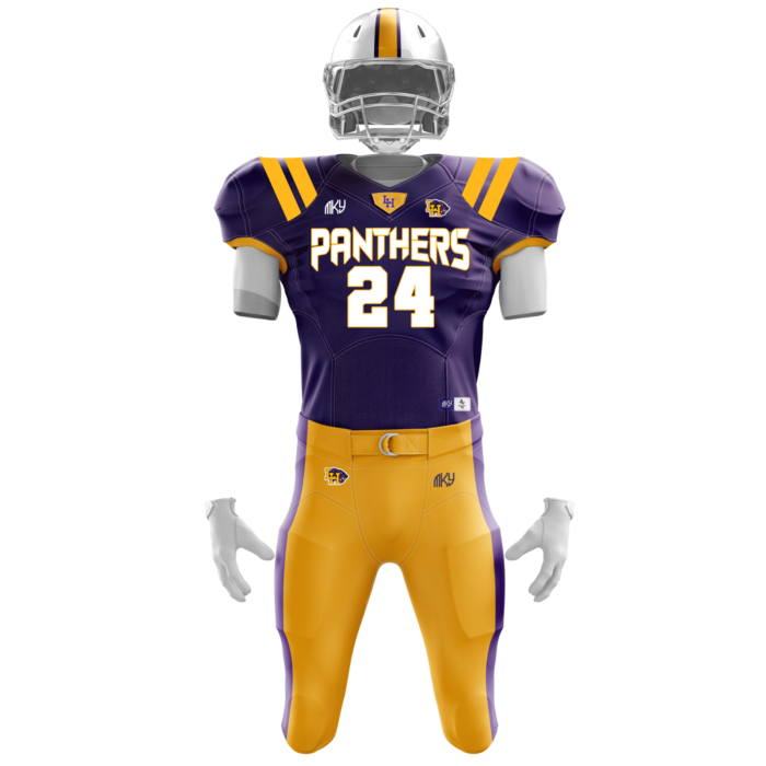 Custom Panthers tackle football uniform in purple and gold with premium sublimated athletic design