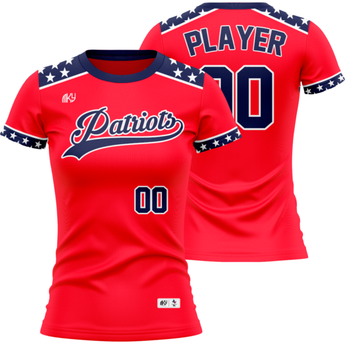 Patriots red two-button softball jersey with patriotic sleeve design by MKY Apparels