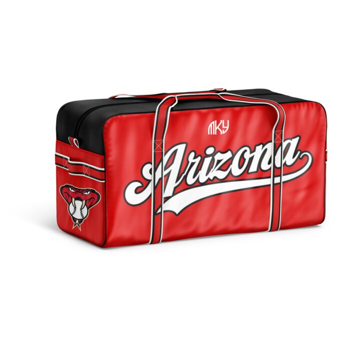 Custom red and black personalized football duffel bag with Arizona script design by MKY Apparels
