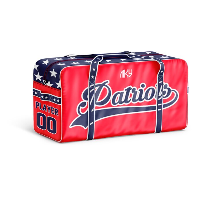 Custom patriotic football duffel bag with stars and personalized player details by MKY Apparels