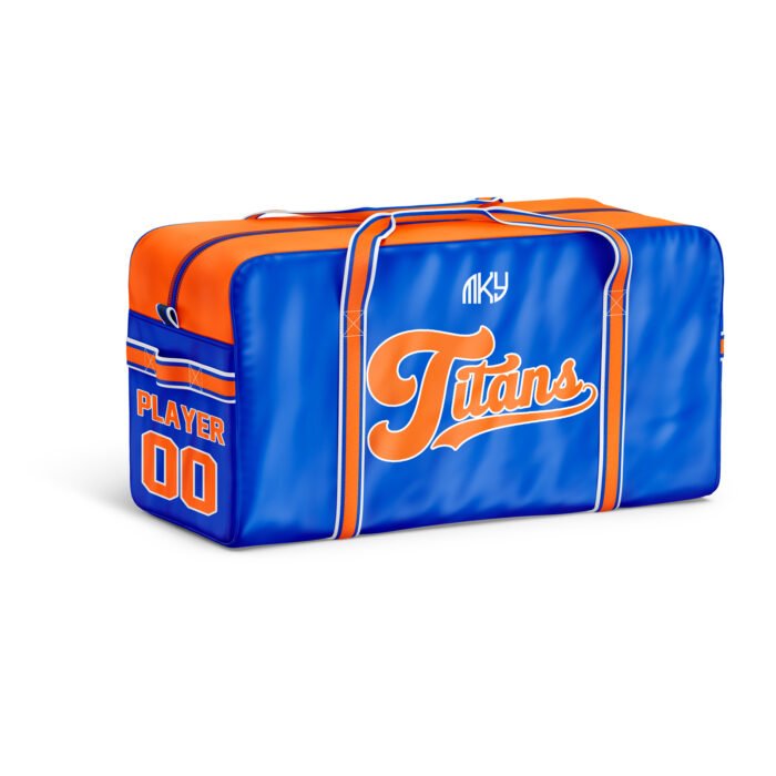 Blue and orange personalized football duffel bag with Titans script design by MKY Apparels