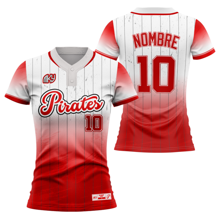 Pirates red and white two-button softball jersey with gradient design by MKY Apparels