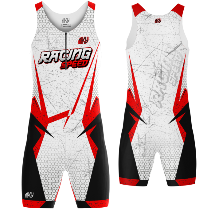 Racing Speed white and red custom track and field speedsuit by MKY Apparels