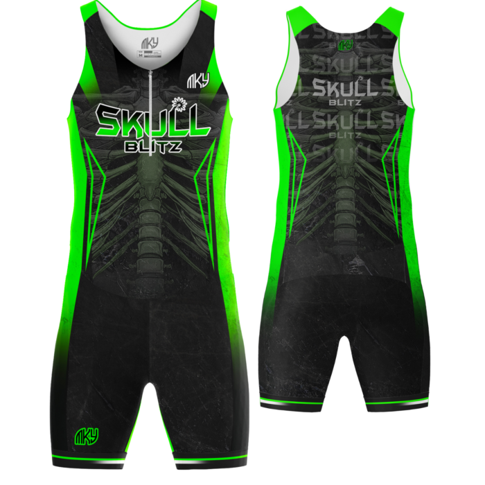 Skull Blitz black and green custom track and field speedsuit by MKY Apparels