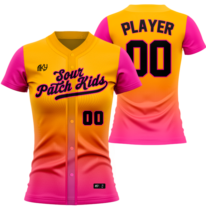Sour Patch Kids pink and yellow full-button softball jersey by MKY Apparels