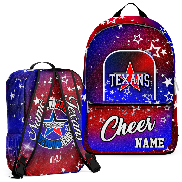 Texans custom patriotic cheer backpack in red blue and white glitter design by MKY Apparels