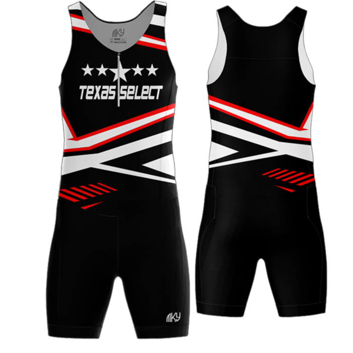 Texas Select black and red custom track and field speedsuit by MKY Apparels