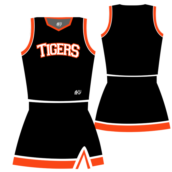 Tigers black custom full cheer uniform with orange trim by MKY Apparels