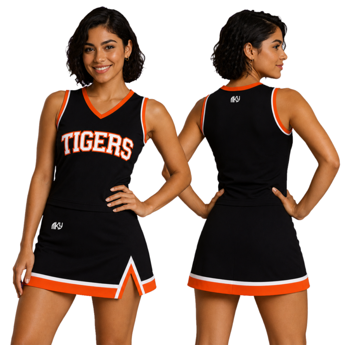 Tigers black custom full cheer uniform with orange trim by MKY Apparels