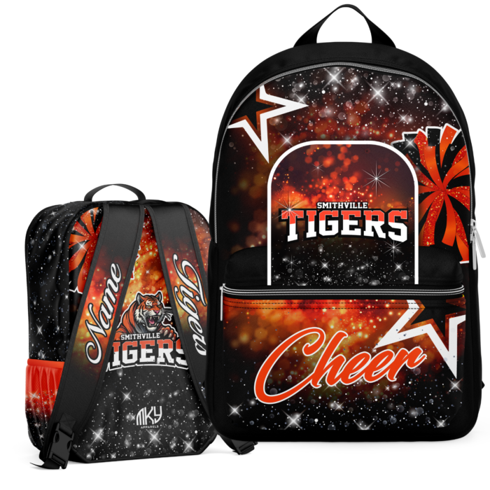 Tigers custom glitter cheer backpack with orange and black galaxy design by MKY Apparels