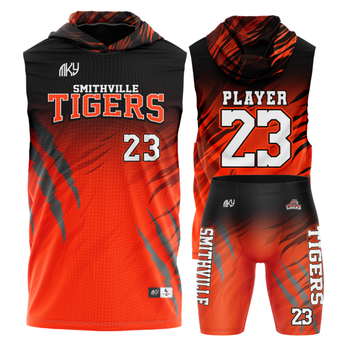 Tigers orange and black hooded flag football uniform by MKY Apparels