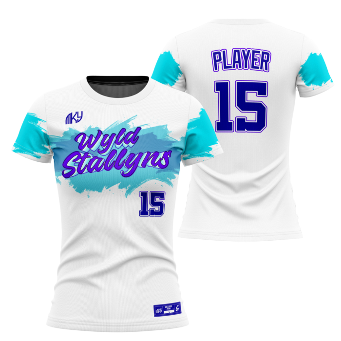 Wild Stallyns white crew neck softball jersey with teal sleeves by MKY Apparels