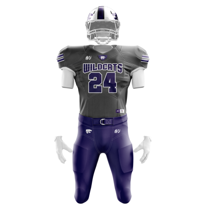 Custom Wildcats tackle football uniform in purple gray and white with sublimated design by MKY Apparels