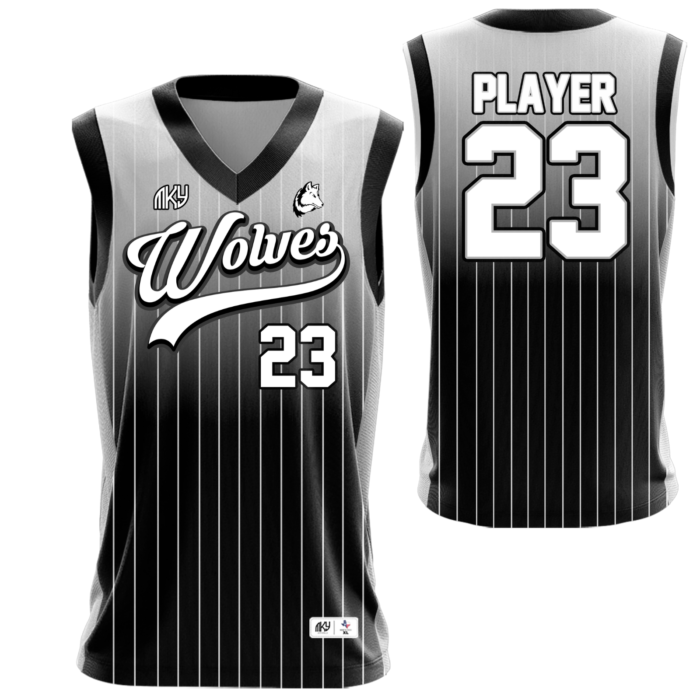 Wolves black V-neck sleeveless softball jersey with white pinstripes by MKY Apparels