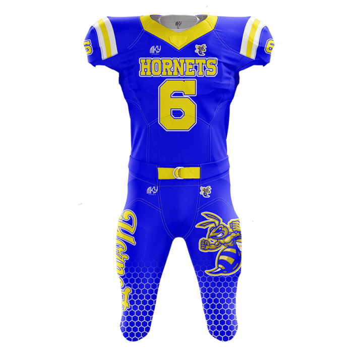 Custom Hornets tackle football uniform in blue and yellow with honeycomb sublimated design