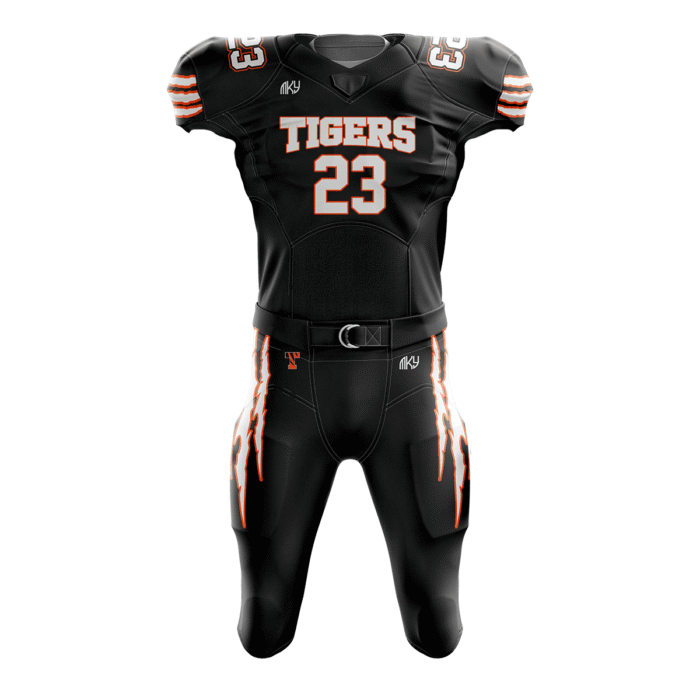 Custom Tigers tackle football uniform in black and orange with aggressive sublimated football design