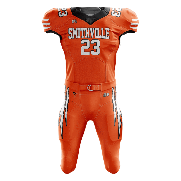Custom Tigers tackle football uniform in orange white and black with sublimated athletic design