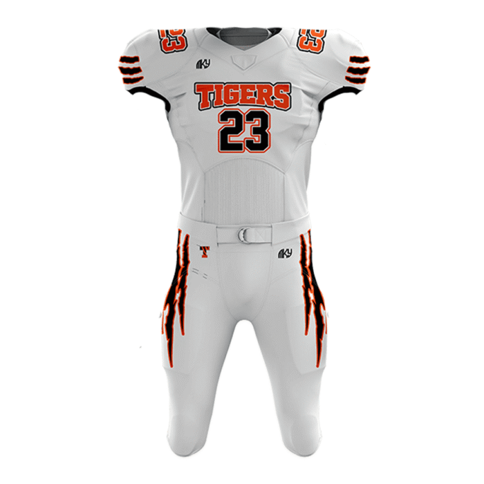 Custom Tigers tackle football uniform in white orange and black with aggressive sublimated football design