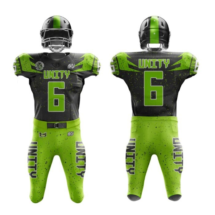 Custom Unity tackle football uniform in black and neon green with front and back sublimated design