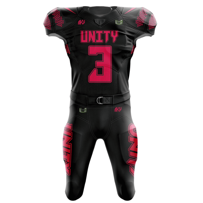Custom Unity tackle football uniform in black and pink with modern sublimated football design