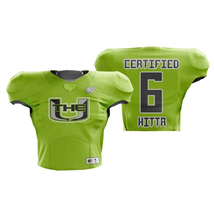 Custom Unity green football practice jersey with front and back sublimated design by MKY Apparels