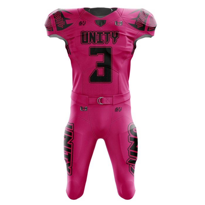 Custom Unity tackle football uniform in pink and black with bold sublimated athletic design