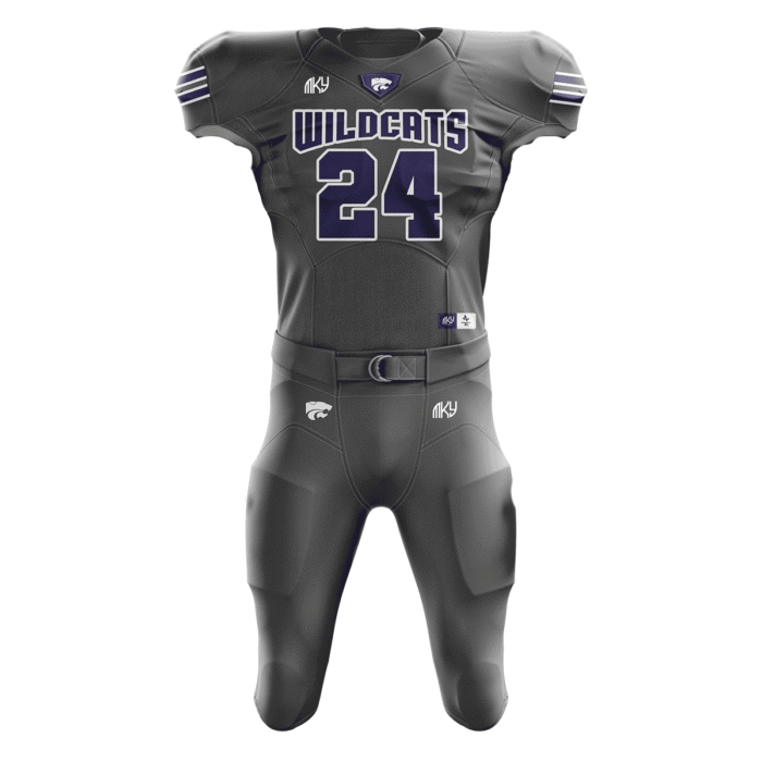 Custom Wildcats tackle football uniform in gray purple and white with sublimated football design by MKY Apparels