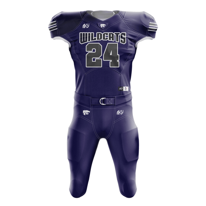 Custom Wildcats tackle football uniform in purple and white with premium sublimated athletic design