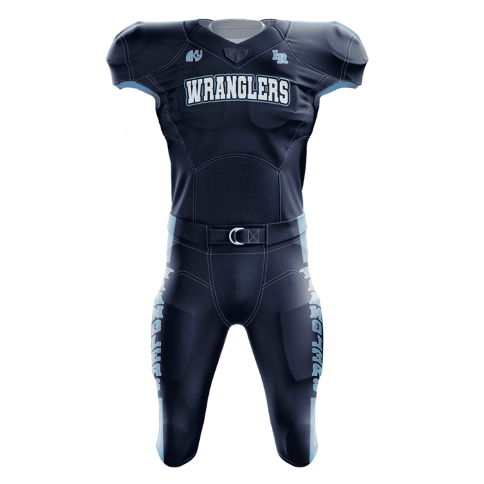 Custom Wranglers tackle football uniform in navy blue with modern sublimated football design