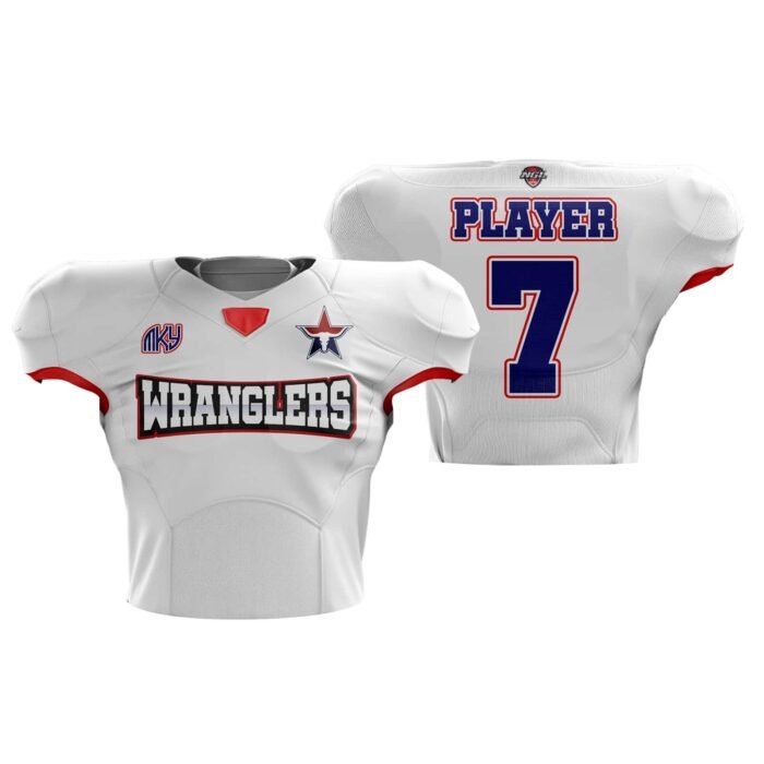Custom Wranglers white football practice jersey with front and back sublimated design by MKY Apparels