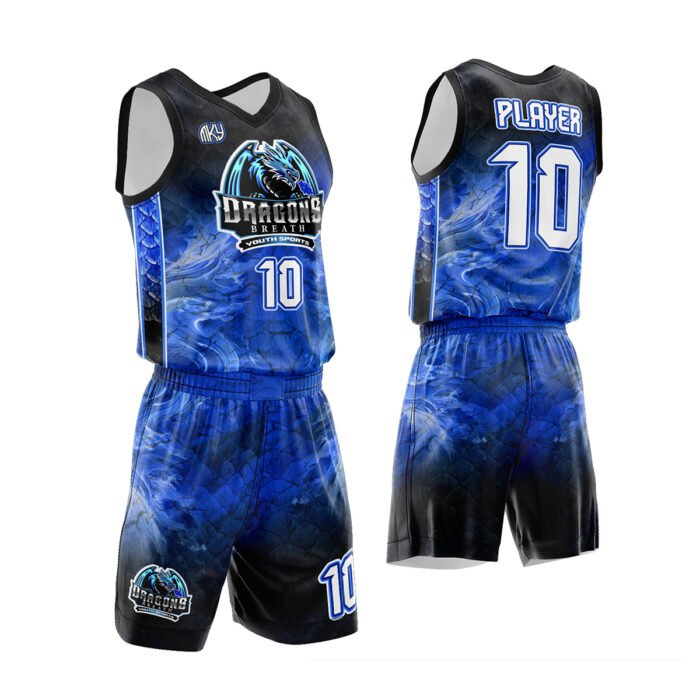 Dragons blue and black custom basketball uniform by MKY Apparels