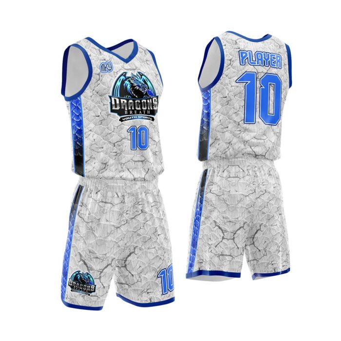 Dragons white and blue custom basketball uniform by MKY Apparels