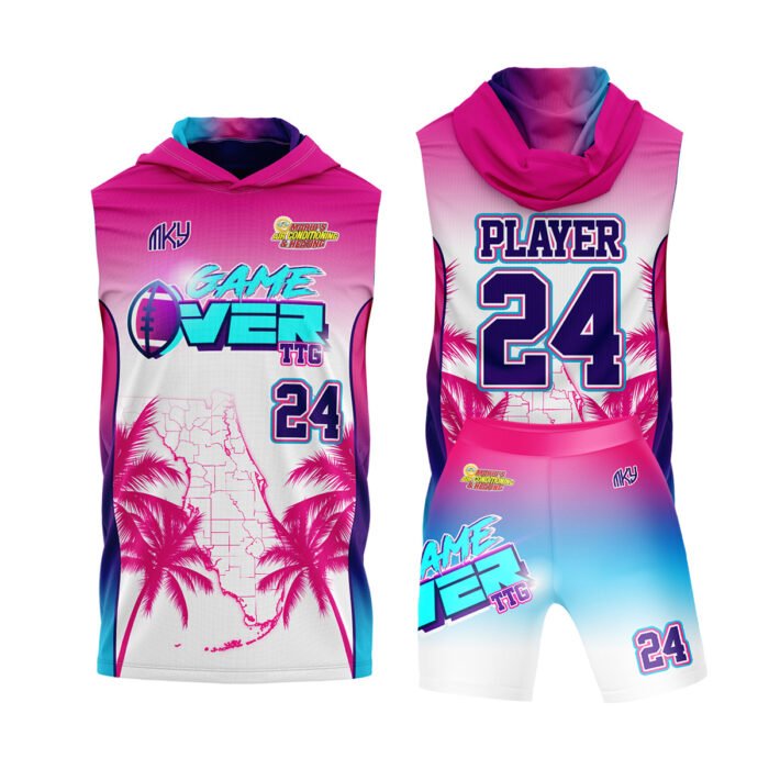Game Over pink and teal flag football uniform by MKY Apparels