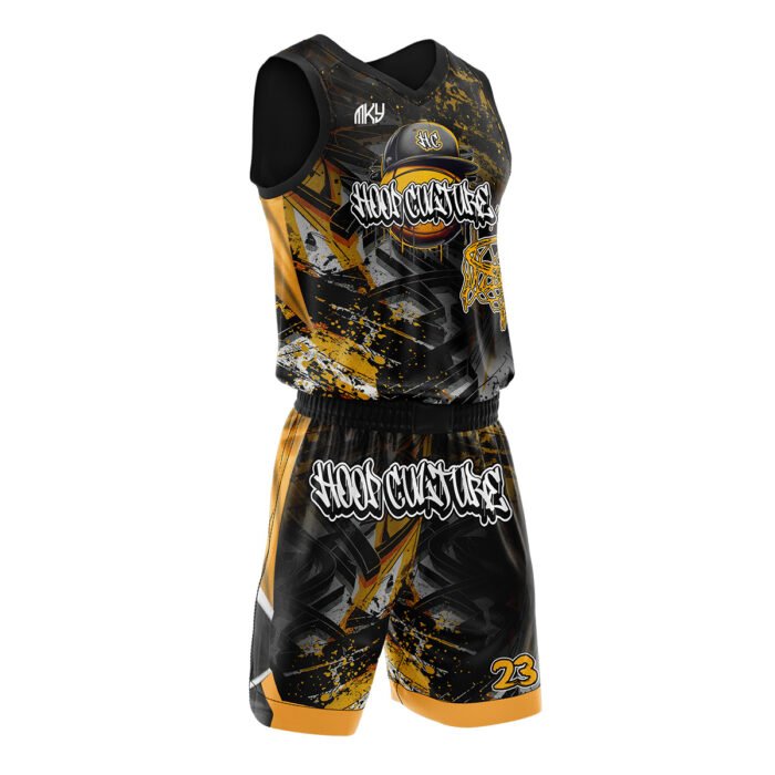 Hoop Culture black and gold custom basketball uniform by MKY Apparels