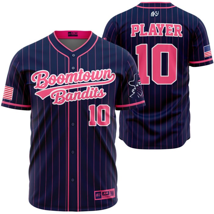Boomtown navy and pink button down baseball jersey by MKY Apparels