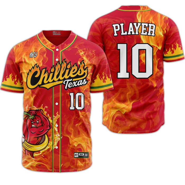 Chillies orange fire button down baseball jersey by MKY Apparels