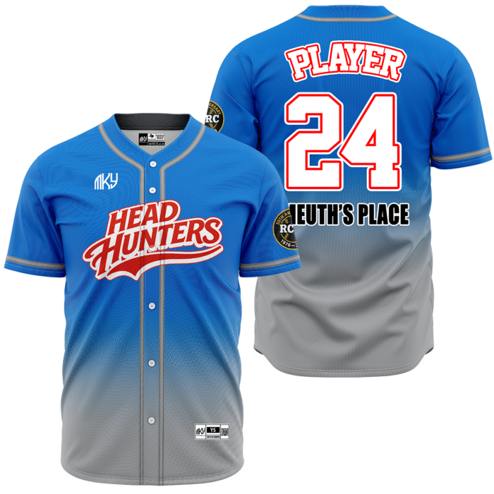 Head Hunters blue and gray button down baseball jersey by MKY Apparels